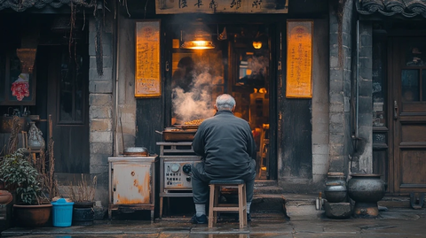 老人守在传统店铺门口的画面