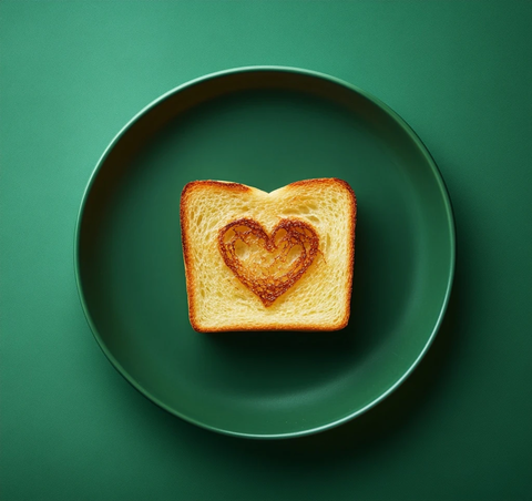 心形烤面包片放在绿色背景上