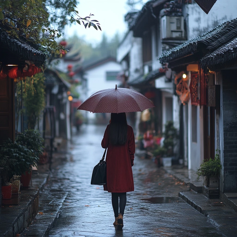 撑伞女子漫步于古街的雨中背影