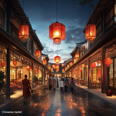 中式市场灯笼高挂行人漫步的热闹景象