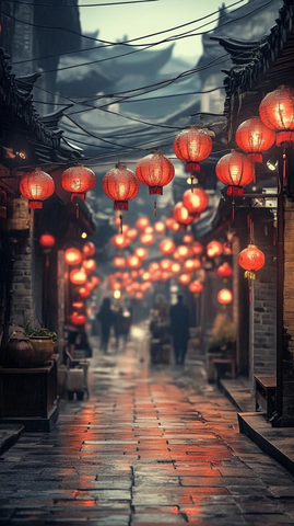 古巷红灯笼夜景尽显中式传统风情