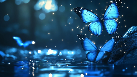 蓝蝶水面飞舞荧光点缀