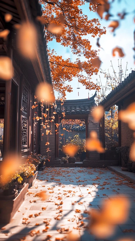 古色古香庭院中银杏叶飘落的唯美画面