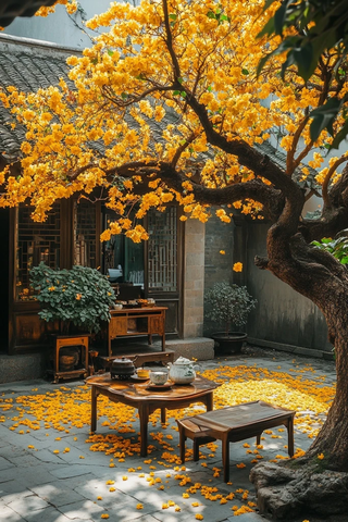 古院树下品茶赏落花的闲适景象