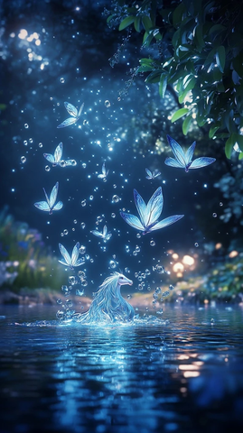 星夜湖畔微仙女与水灵马
