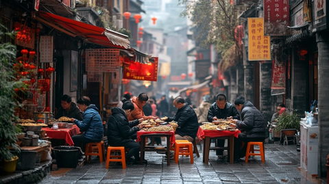 小巷中人们坐在桌边吃饭的场景