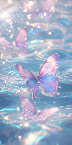 晶莹水面蓝色蝴蝶梦幻场景
