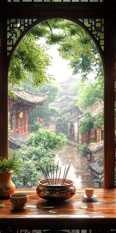 中式窗棂外的雨中小镇景致