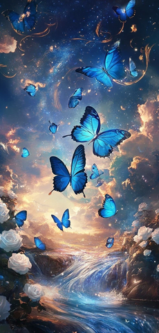 蓝蝶飞舞河畔白玫瑰星空