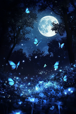 月光蝴蝶蓝花夜幕