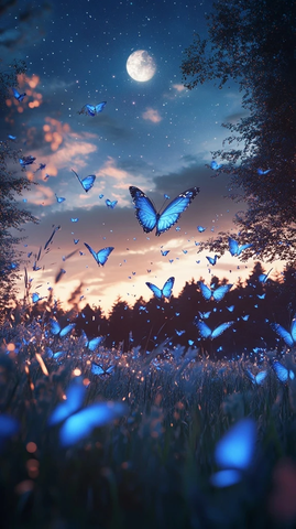 星空下蝴蝶舞动草地森林