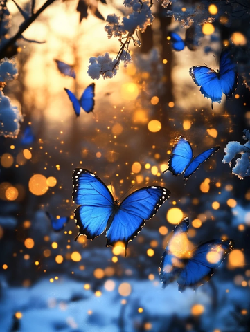 夜森林蓝蝴蝶黄光树花