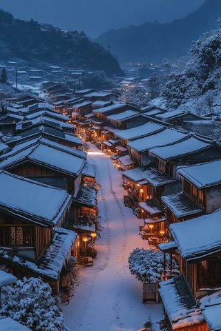 雪夜中的古村落灯火通明宁静祥和