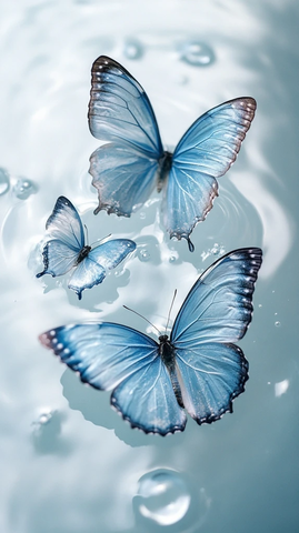 透明蓝蝴蝶水中停留