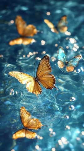 金色蝴蝶水中游碧波轻荡