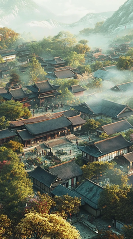 中式传统建筑群落的鸟瞰全景