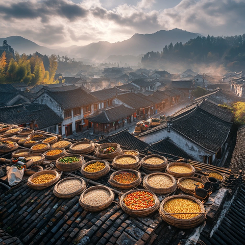 古村落屋顶晾晒丰收果实的景象