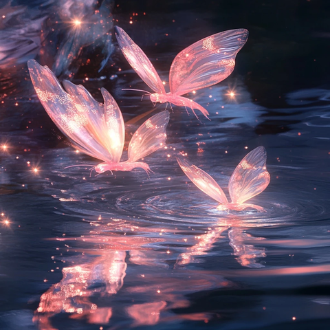 粉色萤火虫翅膀水光反射