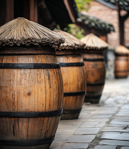 户外排列的古朴木桶