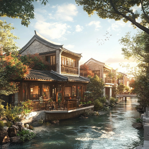 水边中式古建筑群风光