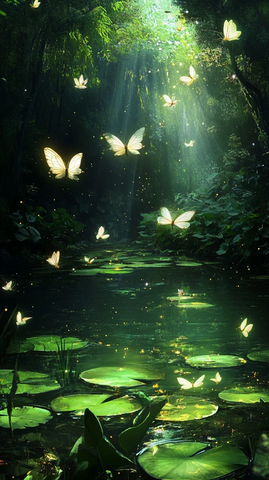 绿色水莲与发光蝴蝶