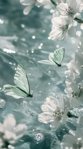 白花绿蝶浮水雪花波光