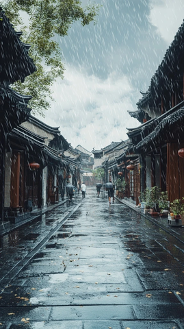 古巷雨中景行人撑伞漫步其中