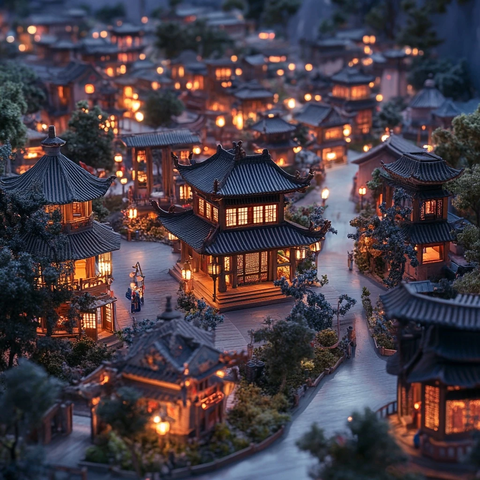 古色古香的中式建筑夜景灯火辉煌