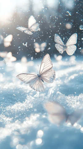 白蝴蝶飞舞雪景晶莹