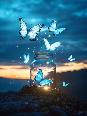 蝴蝶飞出玻璃罐山顶黄昏