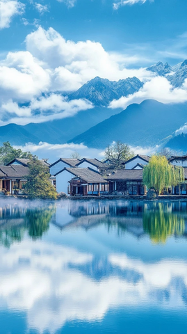 湖畔村落全景背靠云雾缭绕的群山