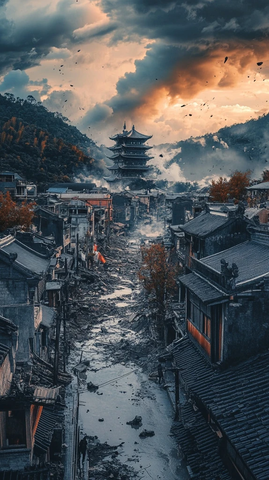 古城镇远景全貌破败建筑尽显沧桑感