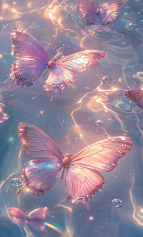 粉色蝴蝶水中游彩虹光影闪烁