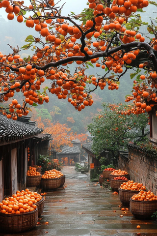 挂满柿子的乡村小巷