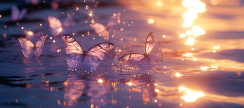 紫色蝴蝶落水水面反射