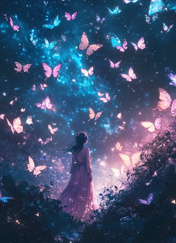星空下汉服少女与蝶舞