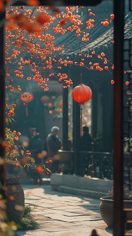 中式庭院红灯笼与花树相映成趣的景致