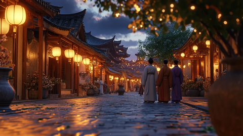 古街中身着古装的人结伴而行的场景