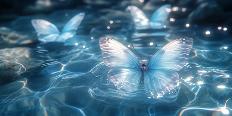 蝴蝶水中飘蓝白梦幻景