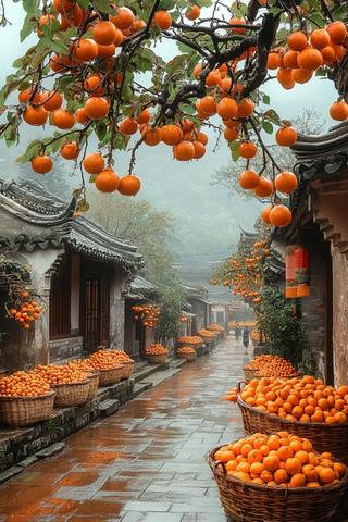 古巷中的柿子丰收景象