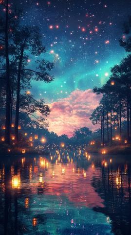 湖畔古树荧光夜空灯火