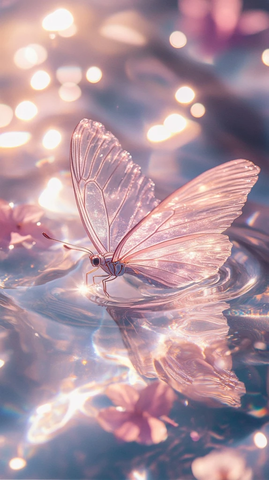 蝴蝶透明翅膀飞越水面