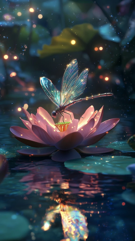 水晶翅膀萤火虫莲花水池