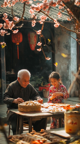 老人与小女孩在古宅前制作传统小吃