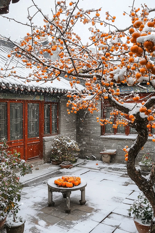 雪中庭院柿子树硕果累累的景象