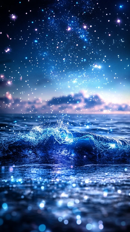 蓝色波浪黑沙滩星空夜景