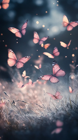 夜晚粉蝶飞舞白色草地