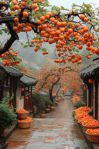 挂满柿子的古村小巷