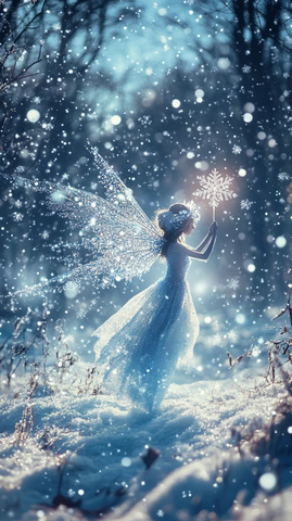 雪花飘落小仙女挥舞魔法棒