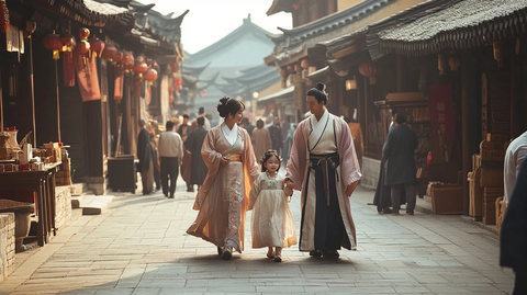 古装一家三口漫步古街